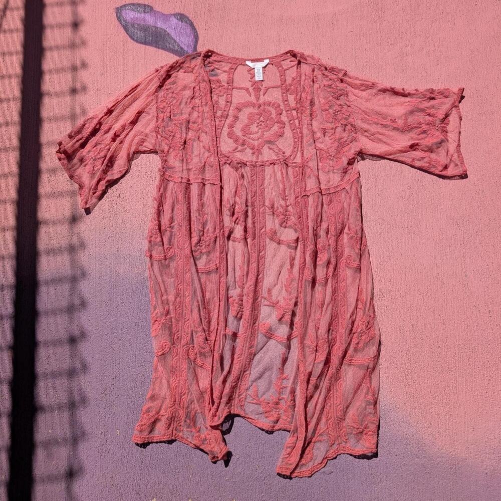 LC Lauren Conrad Dusty Rose Embroidered Sheer Mesh Open Front Kimono Duster OS